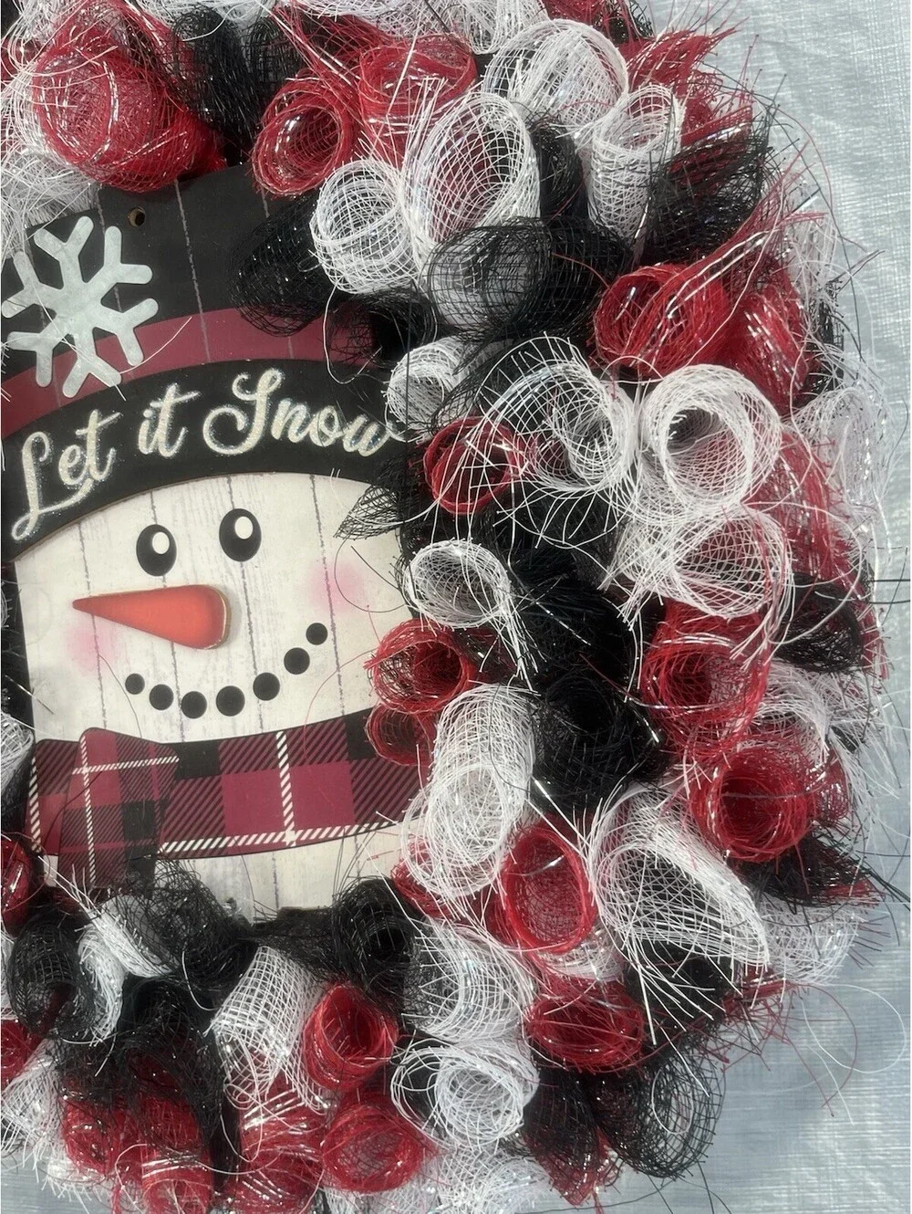 SNOWMAN ⛄ Let It Snow Christmas Winter Wreath Deco Mesh Burgundy Black White 17”